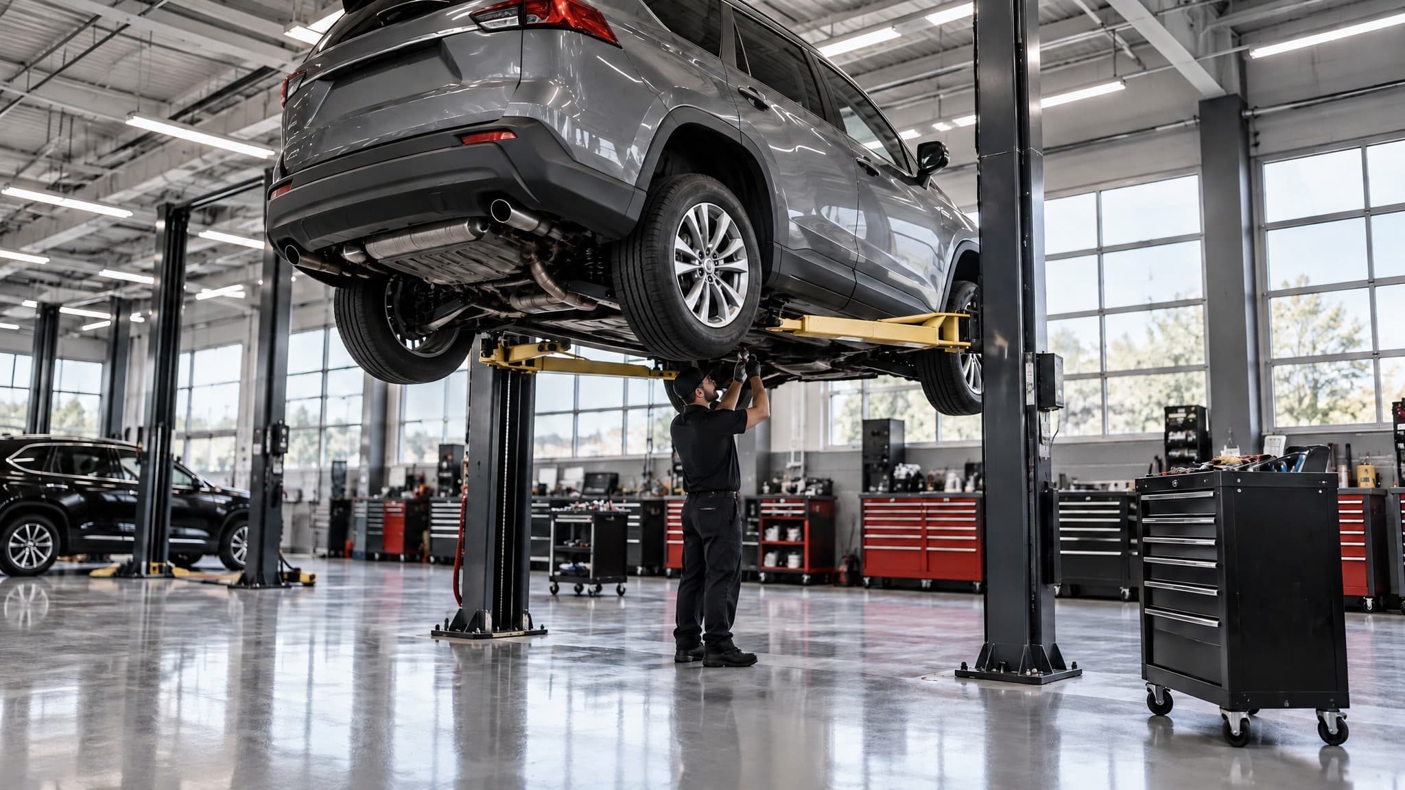 Car raised on a hydraulic lift while a technician inspects the undercarriage