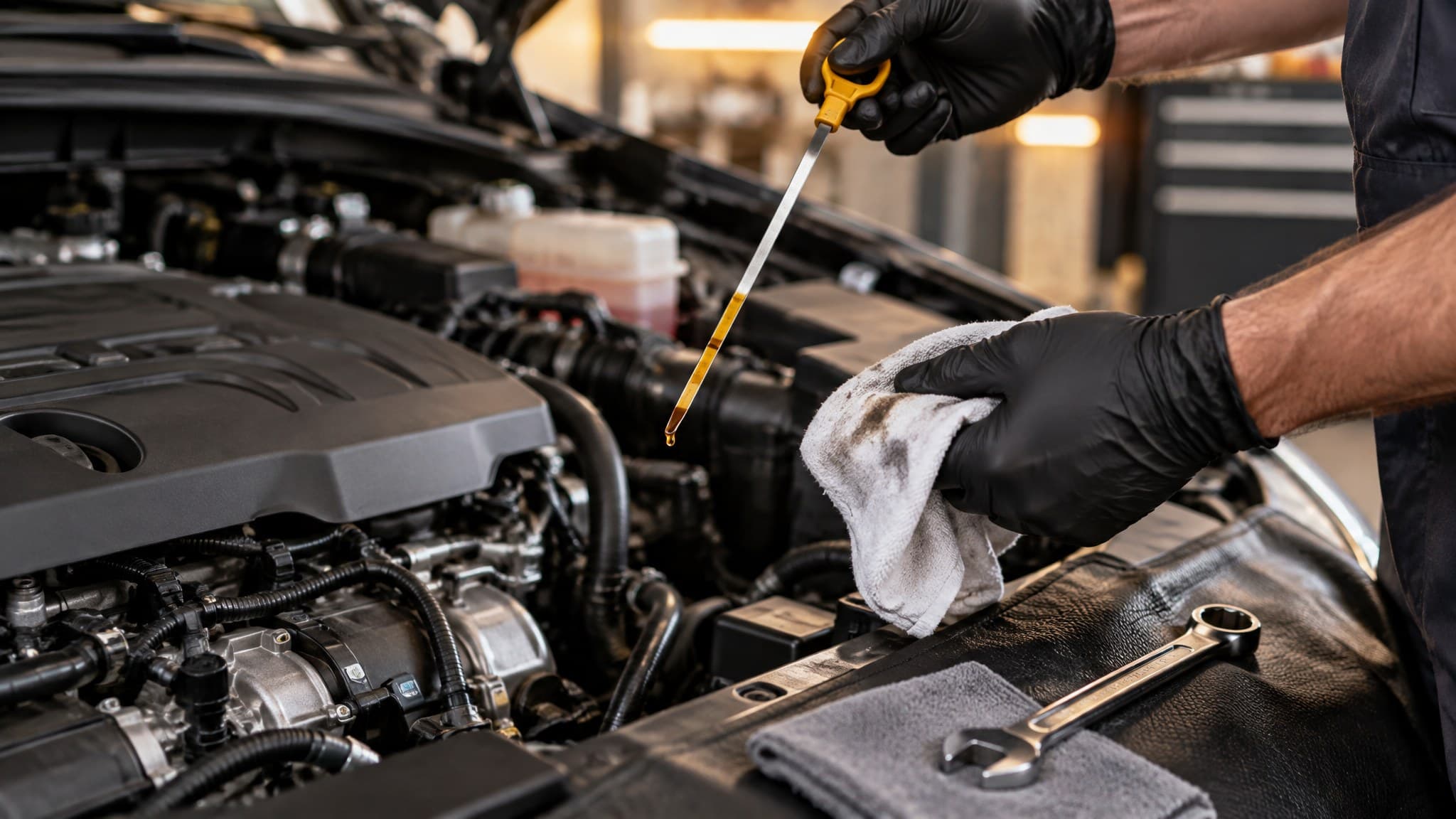 Technician checking fluids under the hood