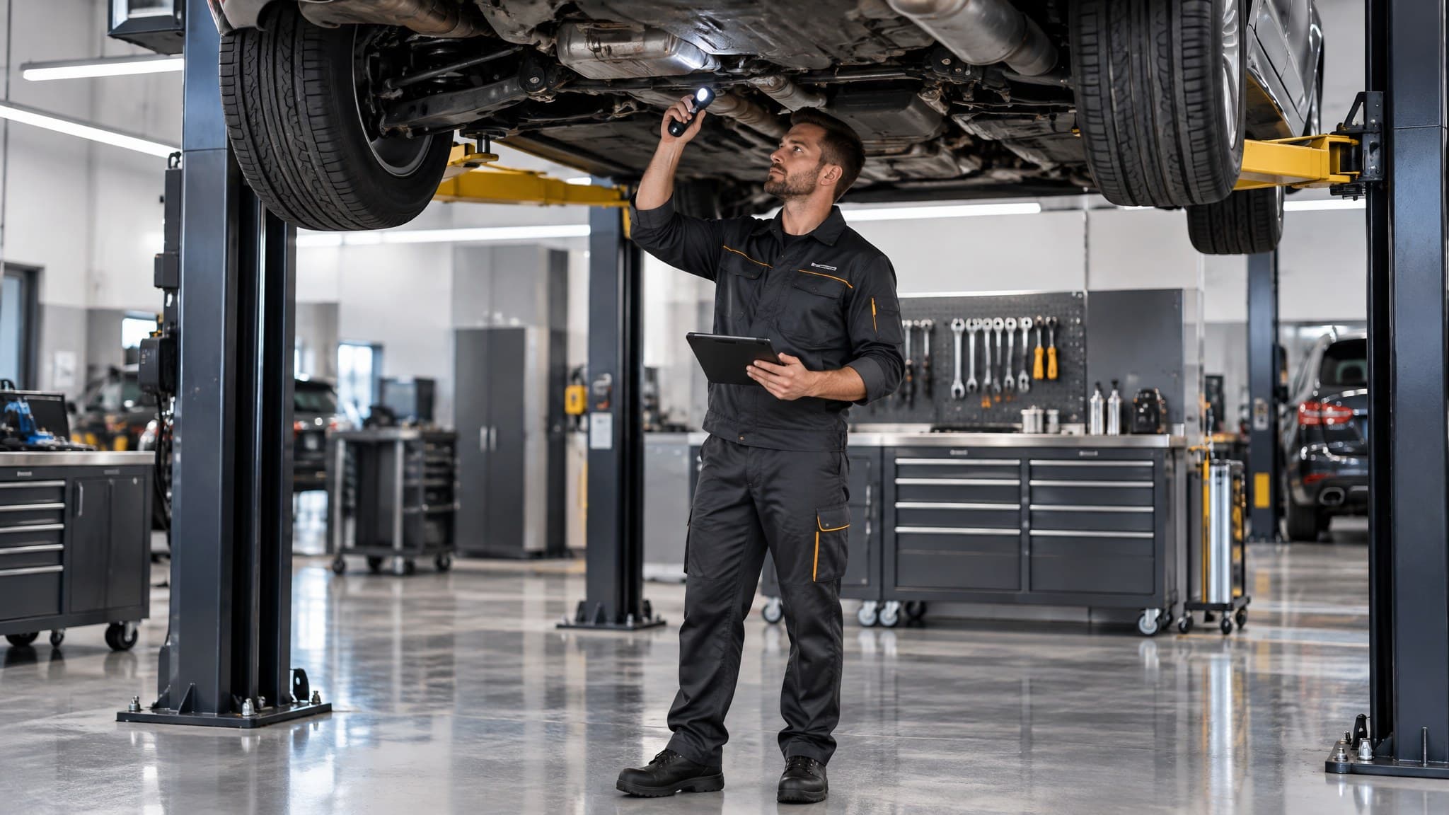 Lube Masters technician performing a 21-point vehicle inspection on a car raised on a lift