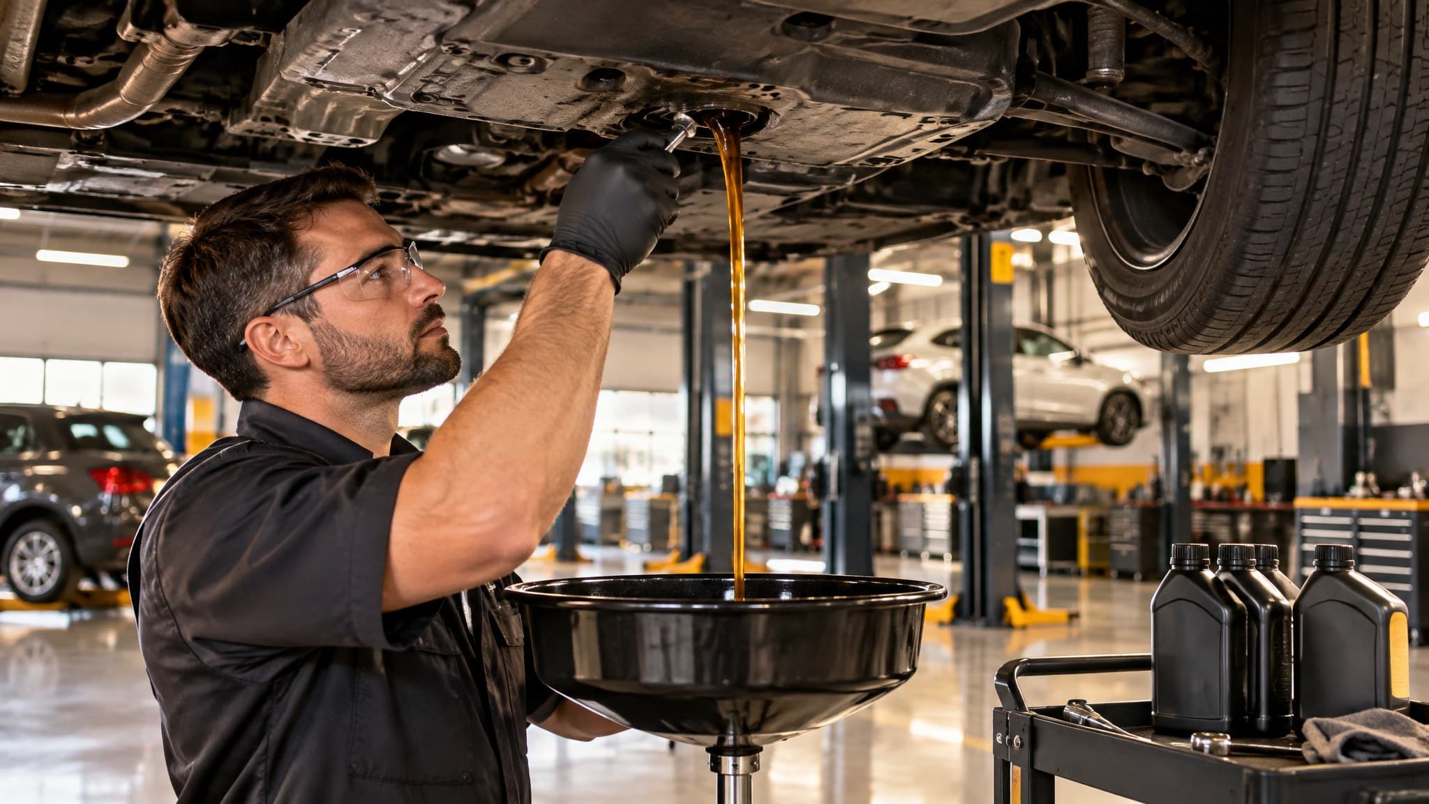 Lube Masters technician changing oil on a vehicle inside an indoor service bay