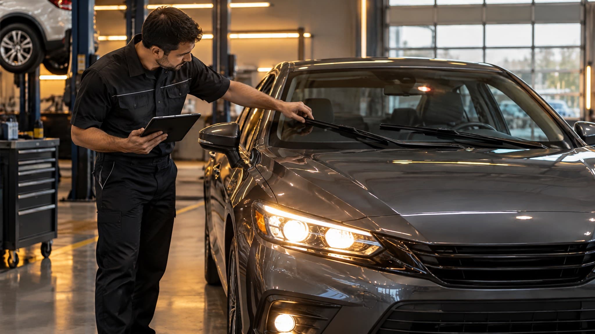 Certified inspector checking headlights and safety equipment during a Texas state vehicle inspection