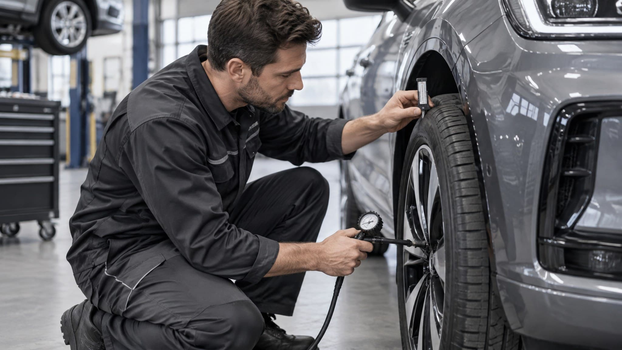 Checking tire tread depth and pressure